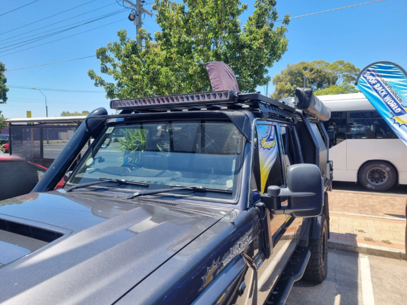 Toyota LandCruiser 70-79 Series (fitted with factory snorkel) All Black Mesh Windscreen Sunvisor - Image 2