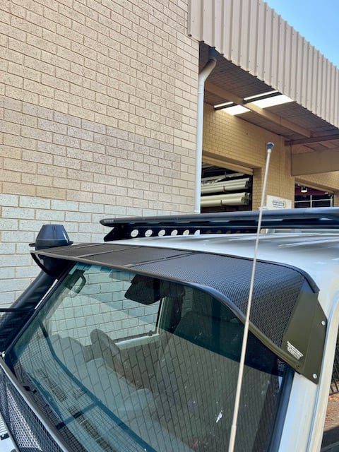 Toyota LandCruiser 70-79 Series (fitted with factory snorkel) All Black Mesh Windscreen Sunvisor - Image 4